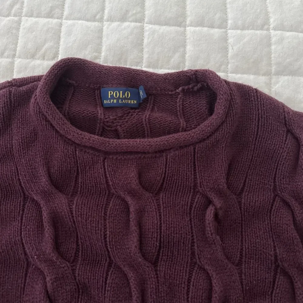 Polo Ralph Lauren Sweater Womens Burgundy Roll Neck Chunky Cable Knit Fisherman